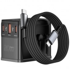 Мережевий універсальний перехідник WIWU UA013 20W GaN + 1USB-A/2C with retractable cable Type-C  Black - 00000085929_1