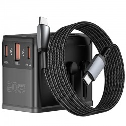 Мережевий універсальний перехідник WIWU UA013 20W GaN + 1USB-A/2C with retractable cable Type-C  Black - 00000085929_1