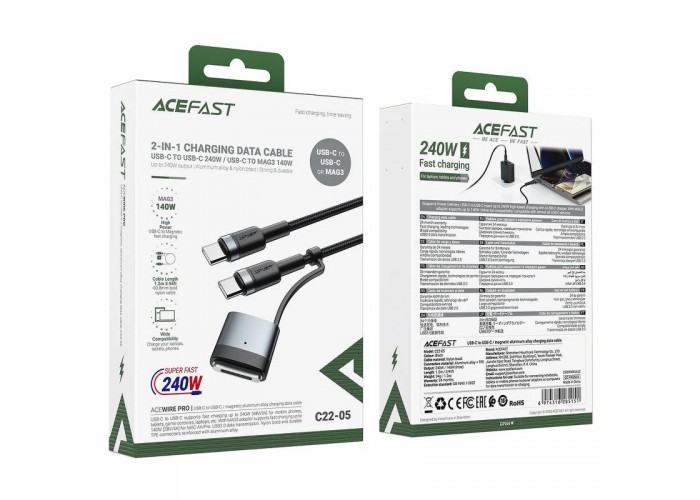 Дата кабель Acefast C22-05 2in1 Type-C to Type-C 240W/MAG3 140W (1.2m)
