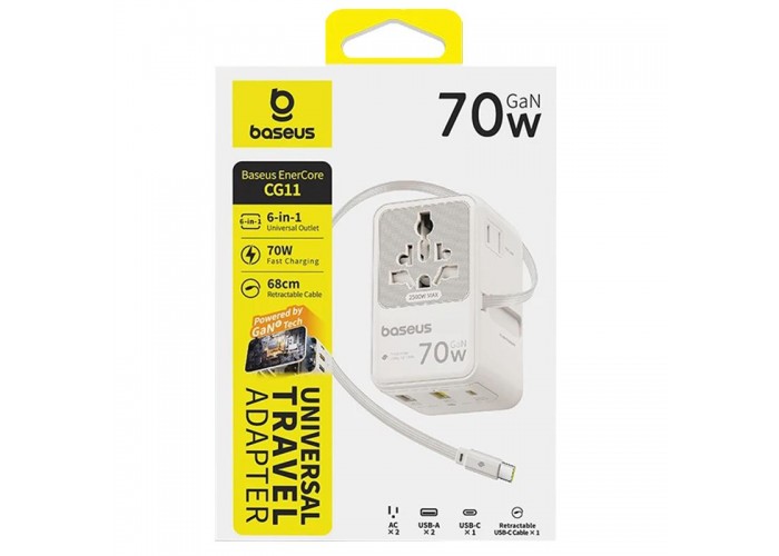Мережевий універсальний перехідник Baseus CG11 70W with retractable cable (2USB-A/3C/1Socket) (E0307E)