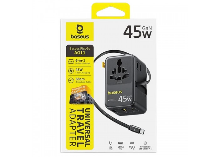 Мережевий універсальний перехідник Baseus AG11 45W with retractable cable (2USB-A/1C/1Socket) (E0307F)