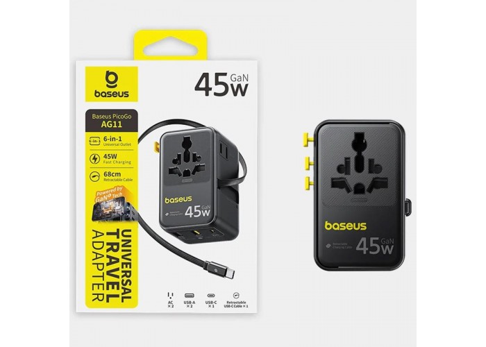 Мережевий універсальний перехідник Baseus AG11 45W with retractable cable (2USB-A/1C/1Socket) (E0307F)