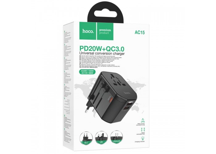 Мережевий універсальний перехідник Hoco AC15 Walker PD20W+QC3.0 (2USB-A/1C) (EU)