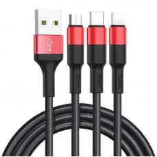 Дата кабель Hoco X26 Xpress 3in1 Lightning -MicroUSB-Type-C (1m)  Чорний / Червоний - 00000035244_3