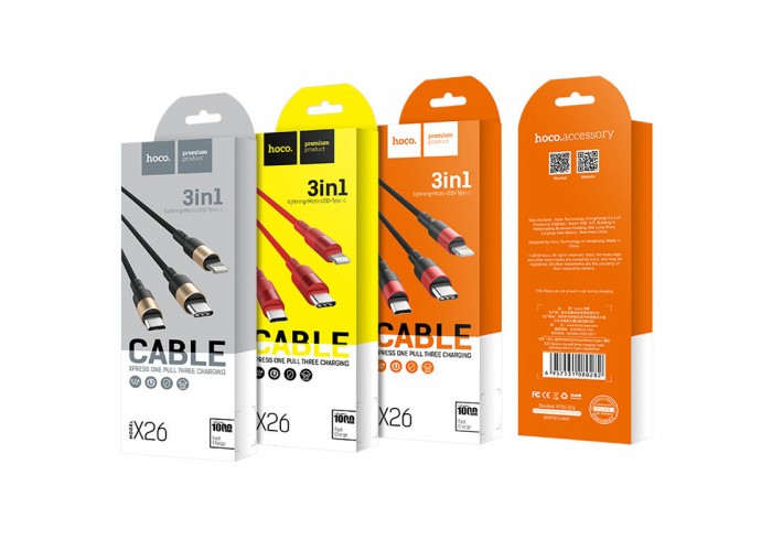 Дата кабель Hoco X26 Xpress 3in1 Lightning -MicroUSB-Type-C (1m)