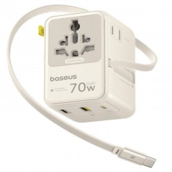 Мережевий універсальний перехідник Baseus CG11 70W with retractable cable (2USB-A/3C/1Socket) (E0307E)  Off-White - 00000085295_1