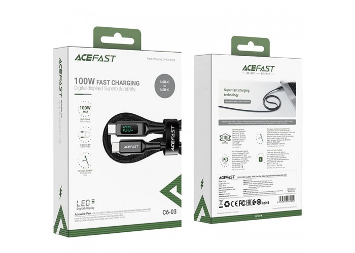 Дата кабель Acefast C6-03 USB-C to USB-C 100W zinc alloy digital display braided (2m)