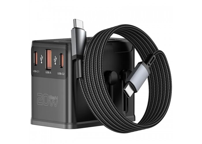 Мережевий універсальний перехідник WIWU UA013 20W GaN + 1USB-A/2C with retractable cable Type-C