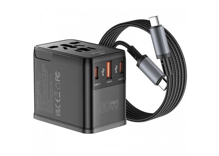 Мережевий універсальний перехідник WIWU UA013 20W GaN + 1USB-A/2C with retractable cable Type-C