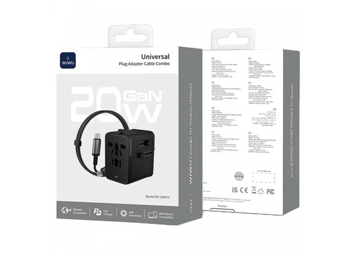 Мережевий універсальний перехідник WIWU UA013 20W GaN + 1USB-A/2C with retractable cable Type-C