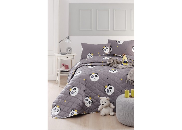 Покривало стьобане з наволочками Enlora Home - Kral Panda Gri сірий 240x225